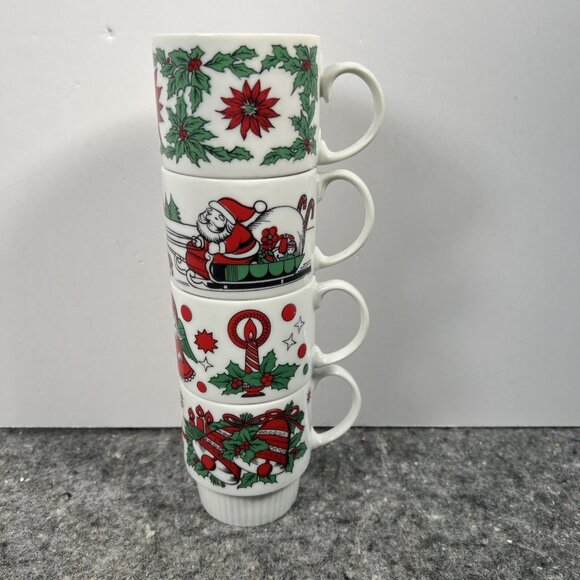 Trimont Other - Set Of 4 VTG Ceramic Christmas Holly Santa Mugs Made In Japan Trimont Stacking